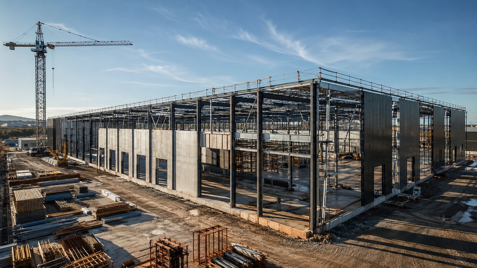 Industrial development under construction with tower crane and steel framing